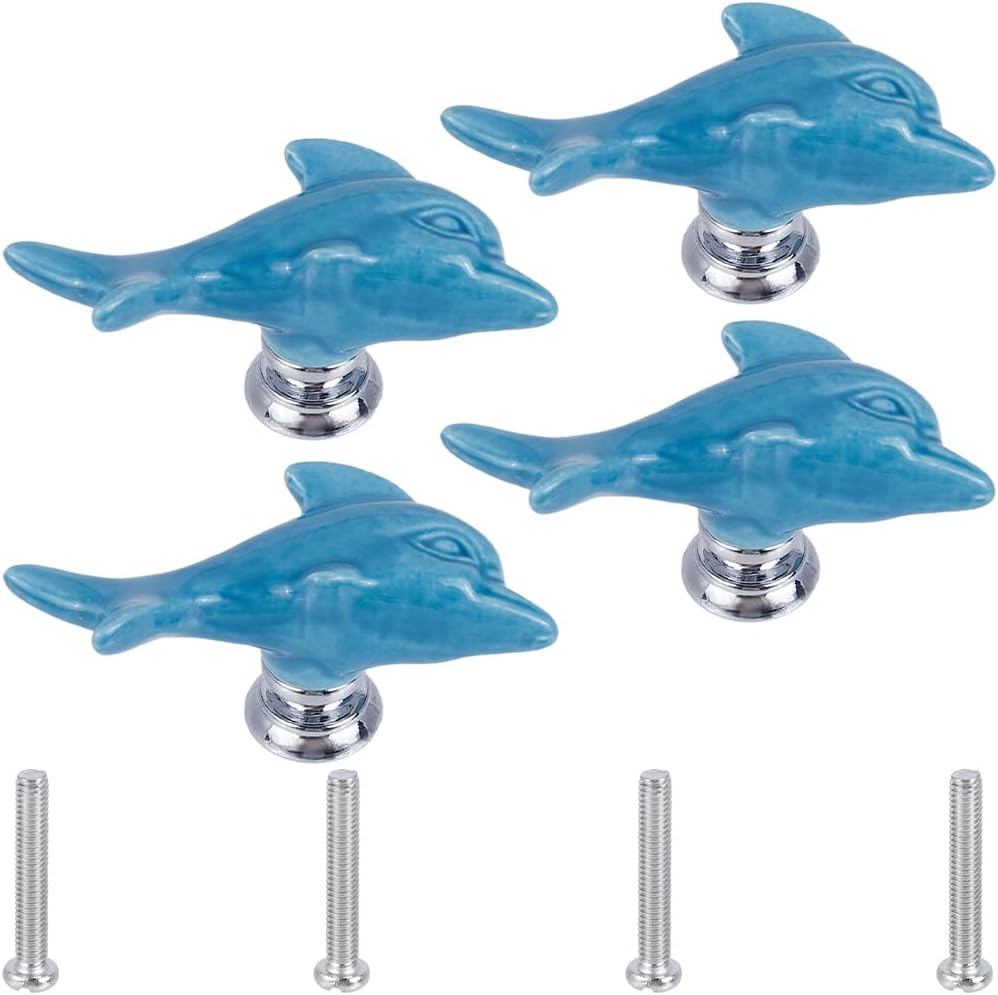 GORGECRAFT 4 Sets Ceramic Cabinet Knobs Dolphin Marine Animals Drawer Knobs Theme Ocean Cartoon Style Blue Handmade Dresser Knob Drawer Pulls with Zinc Alloy Finding Iron Screw for Cupboard Kitchen