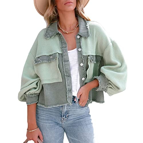 Women Waffle Knit Shacket Cropped Denim Stitching Button Down Loose Long Sleeve Jacket Tops