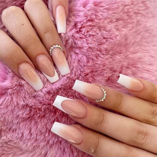 24 piezas de uñas postizas Coffin Press on Nails Ballerina Long Francesas, uñas falsas de cobertura completa con adhesivo, uñas acrílicas artificiales de tamaño mediano para mujeres