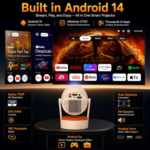 Image of TECHNOVIEW Smart Mini Projector 1080p and 4k Support, Electronic Focus, Auto Keystone, Android, H723 Processor, WiFi 6, Bluetooth, 180 Rotatable Stand, App Support, Built-in Speaker