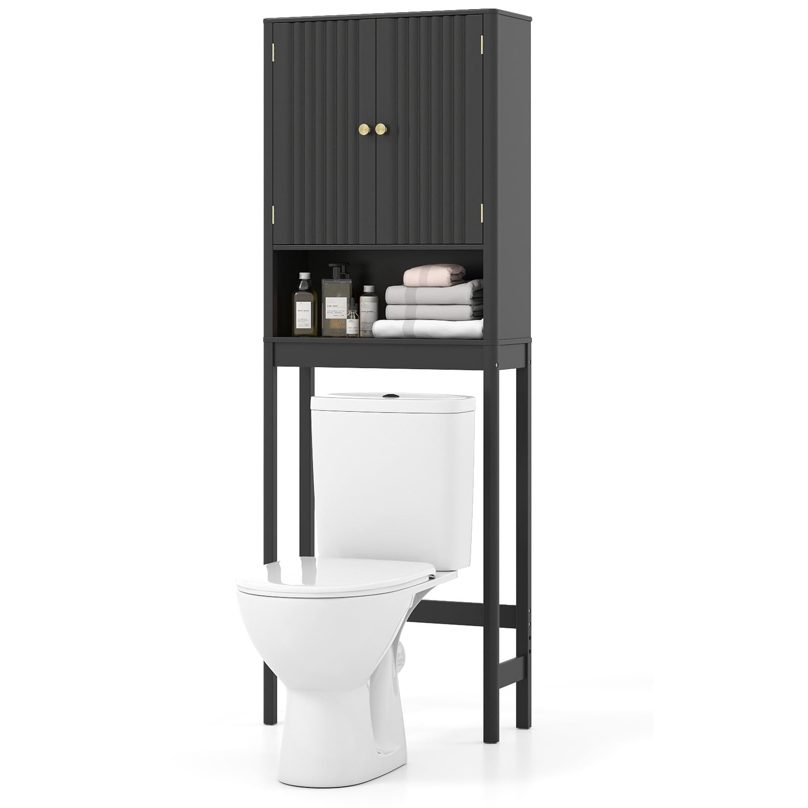 COSTWAY Mueble sobre Inodoro, Mueble de Baño con Puertas Acanaladas, Estante Ajustable en 3 Posiciones y Barra Inferior Ajustable en 3 Niveles,Armario Alto sobre el Inodoro con Almacenamiento (Negro)