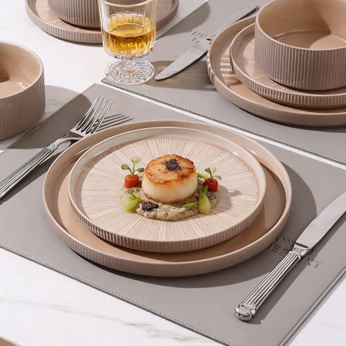 Image of Dinnerware Sets for 6, Ceramic Plates and Bowls Set 18 Piece Dinnerware Chip Resistant Stoneware, Dishwasher and Microwave Safe-Brown