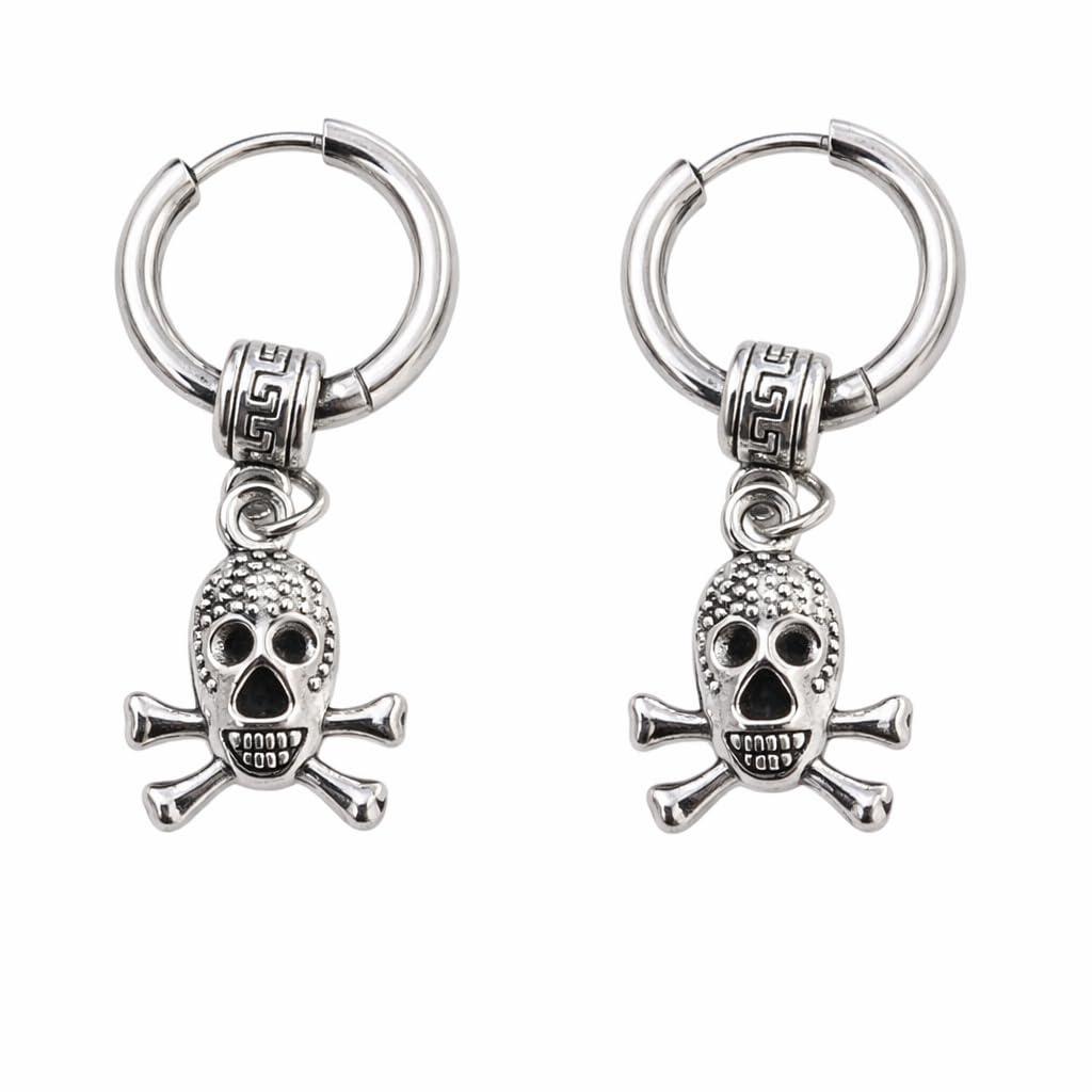 Silver Skull and Crossbones Hoop Earrings, Gothic Style, Small Dangle Charms for Men & Women Pack of 1 Pair-image-40