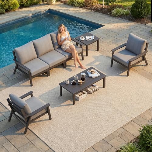 Image of LOUNZY HDPE Outdoor Furinture Set, 7 Piece Sectional Sofa Patio Furniture Set, All Weather Outdoor Couch Set Patio Furniture Set for Deck, Lawn, Black