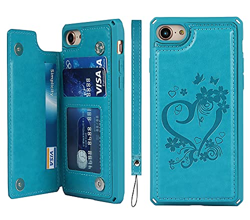 Étui en cuir gaufré iPhone SE 2022 bleu cœur protection chic