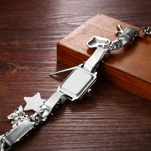 Avaner Women's Choker Watches Necklace: Stainless Steel Silver Square Analog Quartz Gothic Watch Pendant Necklace for Party Costumes3