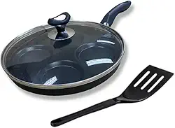 Frigideira Gourmet 4 Ovos 26cm Antiaderente Preta com Tampa de Vidro Acompanha Espátula 25cm Não Gruda 4 Cavidade Fritar Ovos Bacon Queijo Hambúrguer