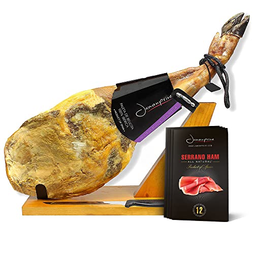 Iberico Ham Acorn-Fed Bellota 100% Pure Breed (Shoulder) Bone In 9.5-11Lb + Ham Stand + Knife & Spanish Serrano Ham Sliced Dry-Cured (12Oz) - Cured Spanish Jamon - Gmo & Gluten Free #TOP21