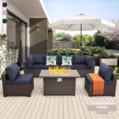 Rattaner Patio Furniture Set with 45 Inches Fire Pit 7-Piece Outdoor Sectional Patio Couch 60000 BTU Wicker Propane Fire Pit Table with No-Slip 5" Cushions and Waterproof Covers, Navy Blue