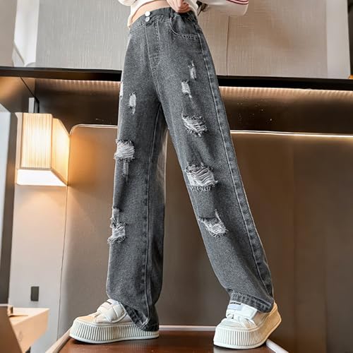 Girls Ripped Jeans Straight Leg Baggy Button Denim Pants Elastic Waist Trousers Casual Trendy Streetwear with Pockets4