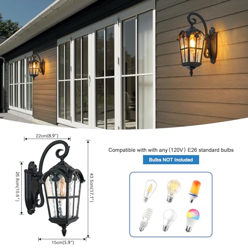 17.1'' H Aluminum Outdoor Wall Lights- Black Roman Style Waterproof & Anti-Rust Exterior Lighting Fixtures, Hammered Outdoor Wall Lantern for Porch, Doorway, Garage, Backyard, 2 Pack