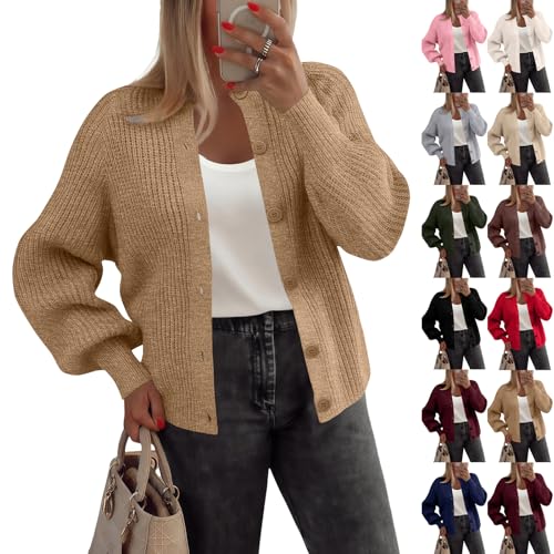 Cardigan Sweaters for Women Long Sleeve Chunky Knit Sweater Casual Open Front Cardigan Crew Neck Button Down Sweater Coat Cozy Fall Outerwear Loose Jacket Short Cardigan Coat Fall Winter Clothes
