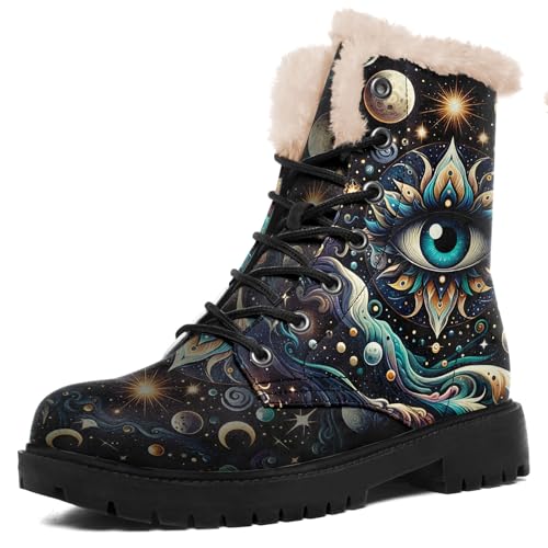 Bohemian Artistic Winter Boots for Women with Sun Moon Bee Mandala Patterns,Lace-up Cozy Snow Boots with Faux Fur Lining