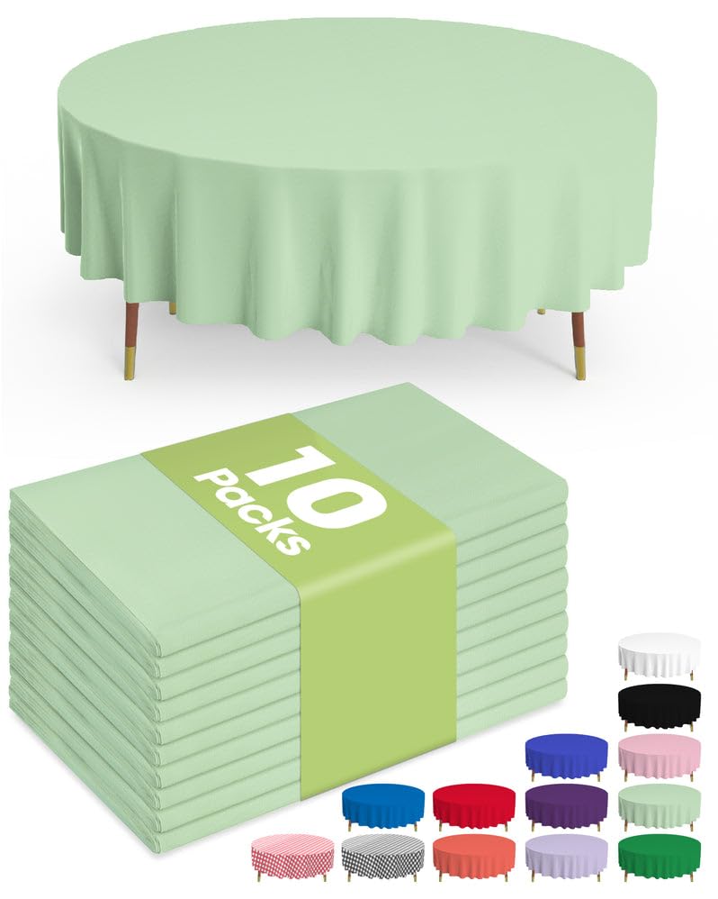 Image of Pureegg Plastic Table Cloth Disposable 10 Pack, 84'' Round Table Cloths, Easter Party, Decorative Tablecloths, Round, Light, Pastel Plastic Cover, Leakproof & Sturdy, Sage Green