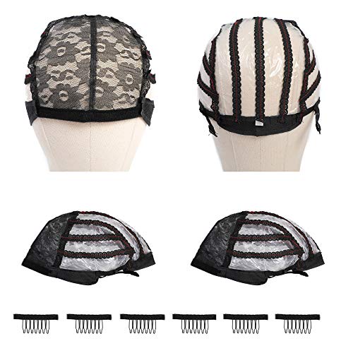 2 Pcs Wig Making Caps Swiss Lace Open Wig Cap for Making Wig Weave Cap with Adjustable Straps for Black Women Wig Making 2pcs/pack with 6pcs Free Wig Combsï¼ˆXL)