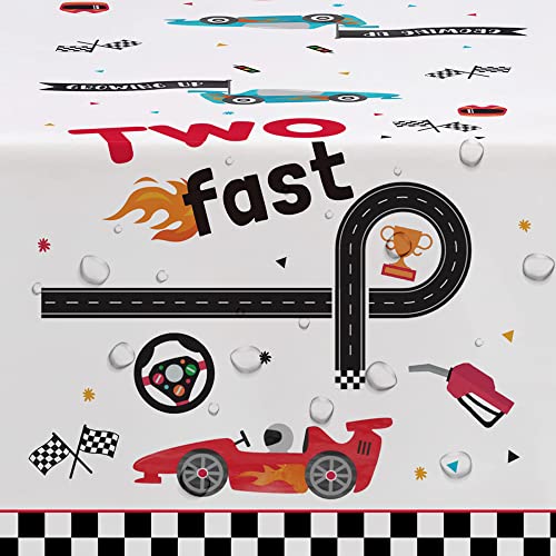 Image of Xigejob Race Car Two Fast Birthday Tablecloth Decorations, Disposable Race Car 2nd Birthday Party Table Cover Supplies, 3 Pack, 54in x 108in