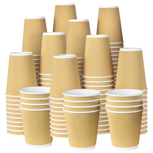 ECONX 500 X 12oz Takeaway Coffee Cups - Strong 3-PLY Disposable Kraft Paper Cups - Triple Walled Leak-Proof, Recyclable Insulated Brown Ripple Drinking Cups for Hot Drinks Coffee, Tea, Beverages