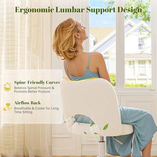 Image of DurayLoly Vanity Chair with Open Back & Wheels White | Swivel, Fluffy Teddy Fabric, Height Adjustable,300lbs for Makeup Room, Vantiy, Bedroom
