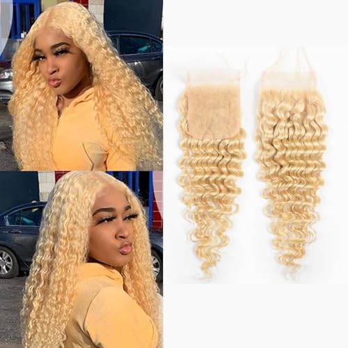 Blonde Deep Wave Closure Human Hair 4x4 Blonde Closure Indian Remy Hair 9a Grade 613 Transparent Lace Closure 4x4 With Babyhair Free Part Bleach Knot Pre Plucke 22 Inch