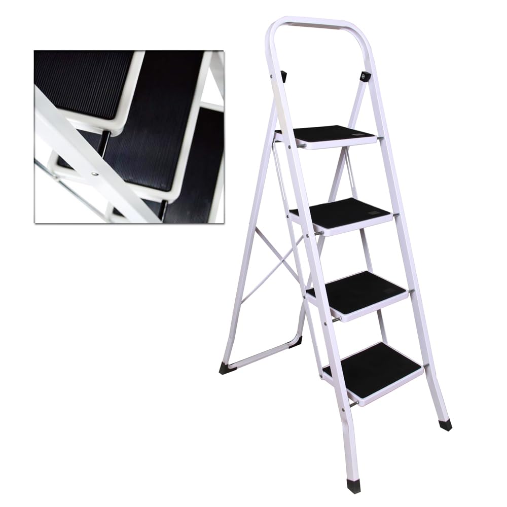 4 Step Ladder Folding Stepladder Heavy Duty Steel Ladder with Safety Handrail, Non-Slip Treads & Anti-Slip Feet for Home/Kitchen/Garage/Office/Market/Garden, 150KG Max Capacity