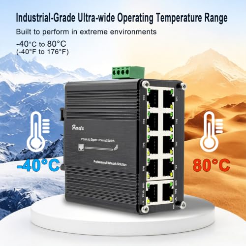 Image of 10 Port Gigabit Ethernet Unmanaged Switch, Industrial Network Switch with 10 x RJ45 Ports, 10 /100 /1000 Mbps, Plug & Play, Metal Case, Supports 12-48V DC Input