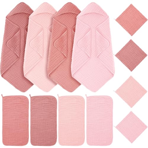 Image of Breling 12 Pcs Muslin Hooded Baby Bath Towel Set, Pink Series