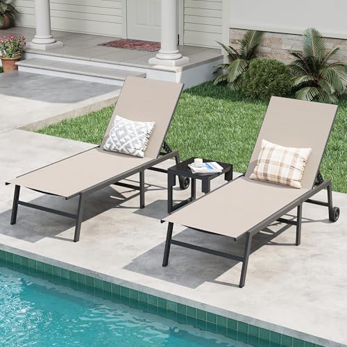 Image of Amopatio Patio Lounge Chairs with Wheels 2 Outdoor Chaise Lounges and 1 Side Table for Poolside Adjustable Lounge Chair with Heavy-Duty Steel Frame for Backyard Poolside,400 LBS Capacity, Khaki