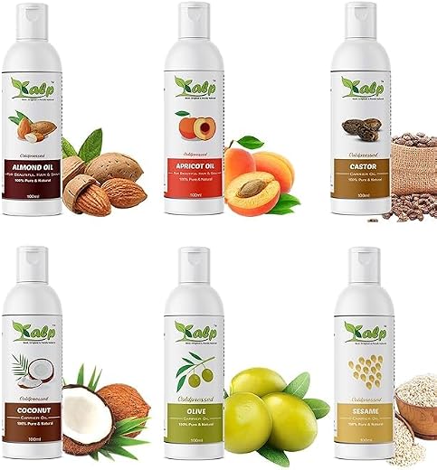 Pack Of 6 Carrier Oils-100ml Each (Castor Oil, Almond Oil, Sesame Oil, Apricot Oil, Coconut Oil, Olive Oil) -600ml,