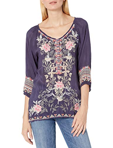 Johnny Was Women's Scoop Neck Peasant Blouse with Contrast Embroidery, Blue Gravel, S