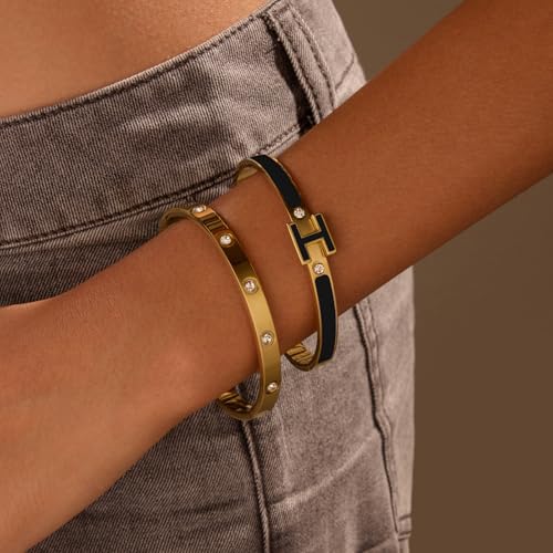 14K Gold Plated Love and H Bangle Bracelet Stackable Stainless Steel Bracelets Set for Women Trendy Jewelry3