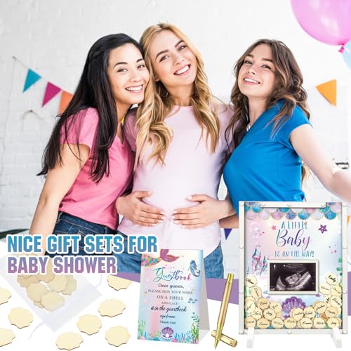 Image of Beeveer 65 Pcs Mermaid Baby Shower Guest Book Alternatives Sea You Soon Baby Shower Decorations Under The Sea Sign in Guest Book with Picture Frame and 60 Wooden Chip Mermaid Party Favors