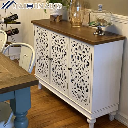Maison Arts Sideboard Buffet Storage Cabinet, 3-Doors Hollow-Carved Accent Cabinet Rustic Distressed Cabinet Farmhouse Decorative Cabinet Cupboard For Kitchen, Dining Room, Living Room,Entryway, White #TOP2