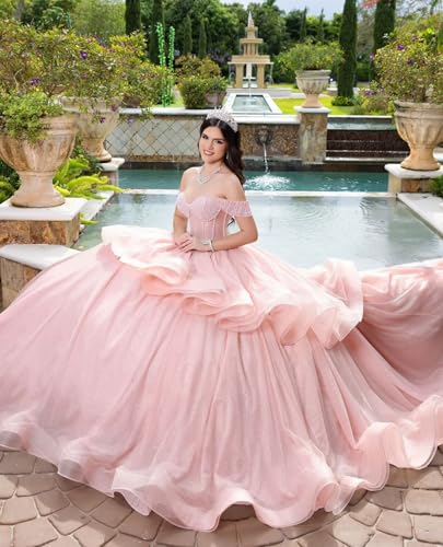 Ftupza Tulle 2 in 1 Quinceanera Dresses Ball Gown Off Shoulder Beaded Sweet 15 16 Dresses Ruffle Layered Prom Gowns3