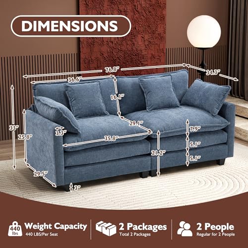 Image of Ihanherry Cloud Sofa 77 Inch Loveseat, Modern Sectional Couch, 2-Seats Sofa for Living Room Bedroom and Apartment, Comfy Double Layer Upholstered Seat Cushion, Breathable Chenille Fabric, Blue