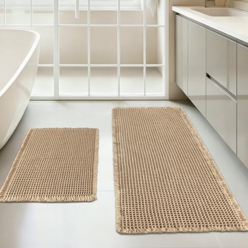 Dekafri Waffle Bath Mat Set of 2 Non Slip Waffle Rugs for Bathroom Super Absorbent & Quick Dry Soft Shower Mat for Bathroom & Kitchen Floor Machine Washable Bath Rugs (Brown)