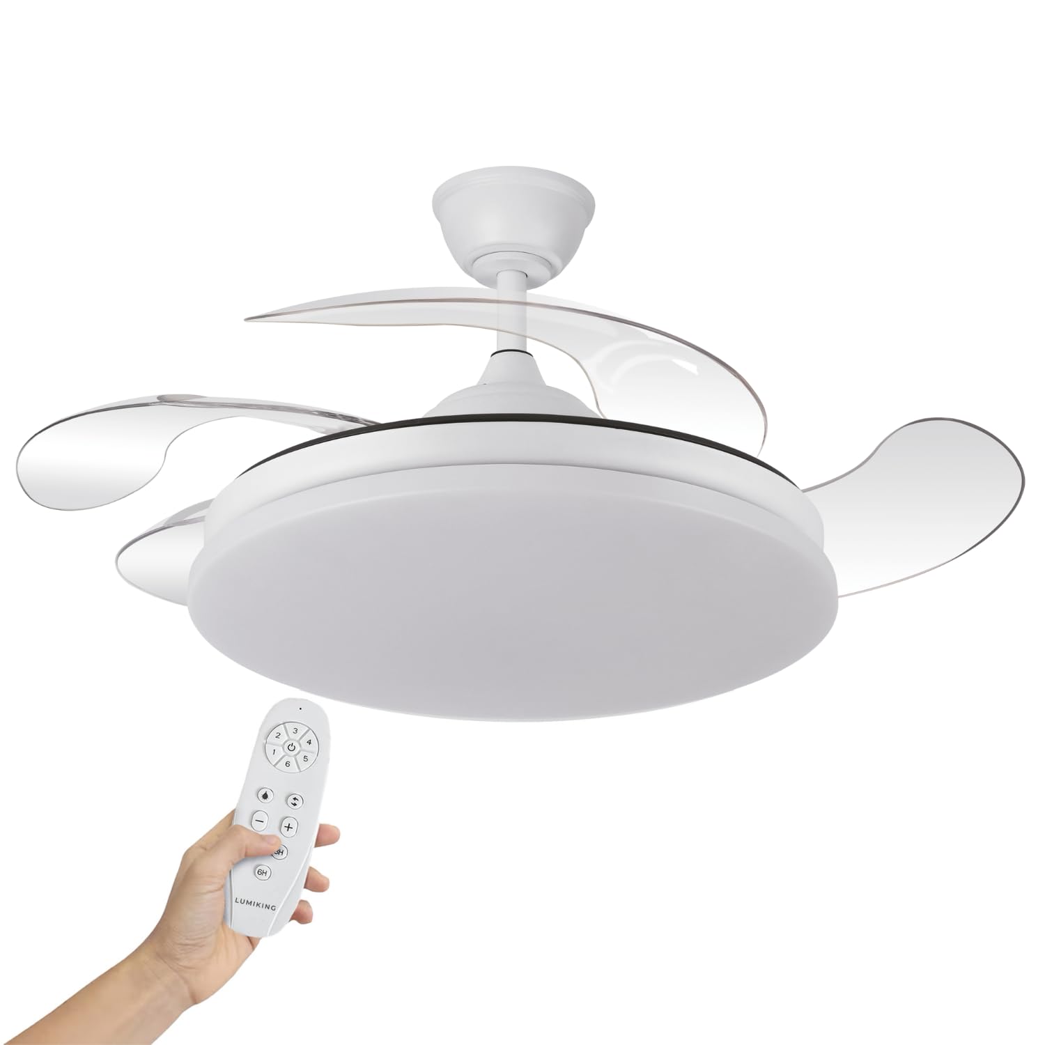 LUMIKING Ventilador de Techo Lampara con Luz LED, 107 CM - Silencioso 32 W de Motor con 4 Aspas - Ventiladores con Tonos de Luz Dimables y Funcion Verano/Invierno con Temporizador (Blanco, 107 cm)