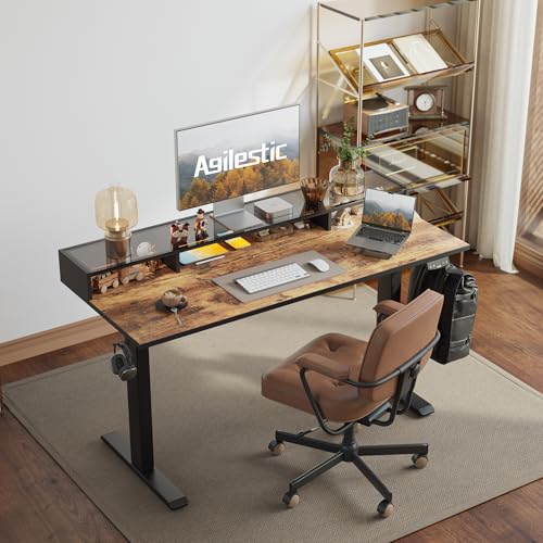 Image of Agilestic 48 x 24 Inches Electric Standing Desk with Storage, Adjustable Height Sit and Stand Computer Table with Glass Shelf, Splice Board, Rustic Brown