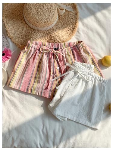 Image of MakeMeChic Women's 2 Pack Linen Shorts Striped Gingham Boxer Shorts | Summer, Beach Shorts, Cover Up, Pajama, Lounge