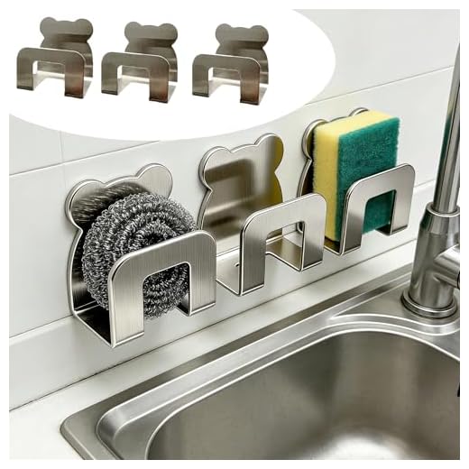 Silver Bear Shaped Sink Organizer Adhesive Sponge Holder No Drill Kitchen Storage Hook for Dishcloth Wall Mounted Rack (Pack of 3)