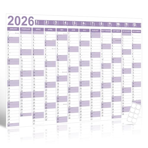 Wandkalender 2026 Groß – DIN A1 (84,1 x 59,4 cm) – Jahresplaner laminiert mit 8 Aufklebern, Faltverpackung, Wandplaner für Büro, Schule & Zuhause, Monate in Spalten, Flieder