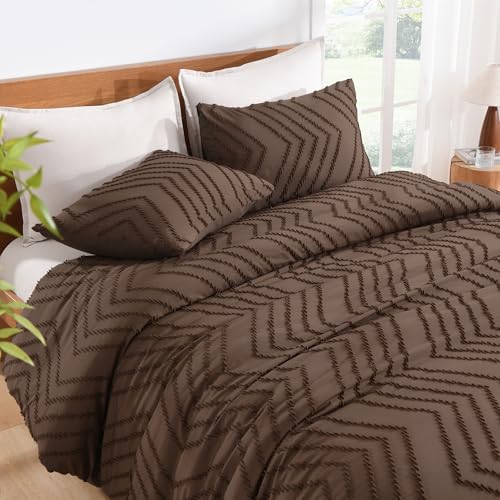 Image of Litanika Boho Queen Comforter Set, 3 Pcs Brown Lightweight Bedding Set