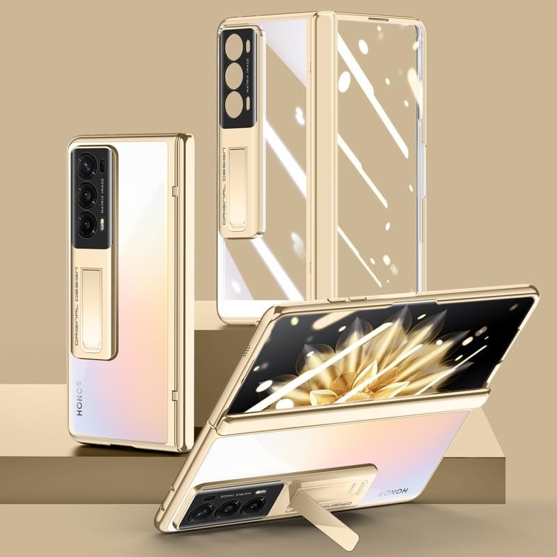 Phone Filp Case Clear Case Compatible with Huawei Honor Magic V2 with Kickstand Lightweight, Electroplated Transparent Phone Case with Full Cover Hinge Protection Clear Crystal Case Protective Case(Pu