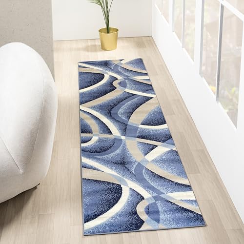 2305 Geometric Abstract Blue 2x7 Area Rugs for Entryway