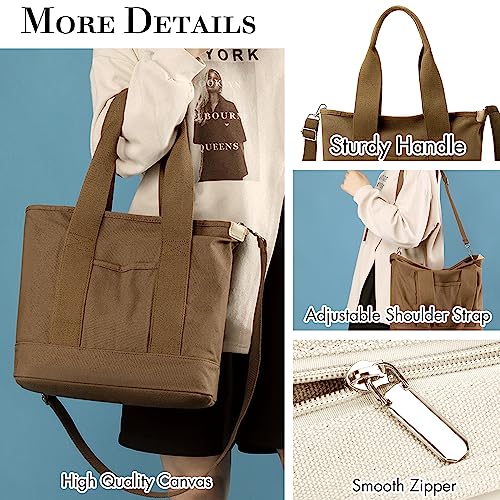 Image of Canvas Tote Bag for Women,Small Totes Bags with Zipper Crossbody Purse with Pockets Large Shoulder Handbag,2 Sizes