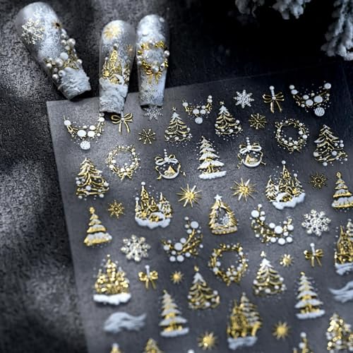 Image of Christmas Nail Art Stickers Xmas Tree Nail Decals Gold Nail Stickers for Nails Art Garland Snowflakes Nails Decals 5D Embossed Self Adhesive Nails Sticker for Women Manicure DIY Decoration Accessories