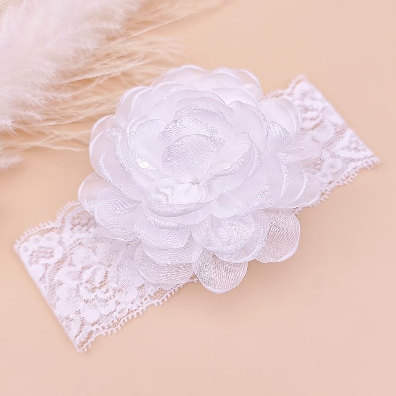 White Lace Christening Headband for Baby Girl Soft Cotton Flower Baptism Toddler Elastic Hairband Bow Newborn Infant Hair Accessories for Birthday Party (White 3, Standard size) - Image 2