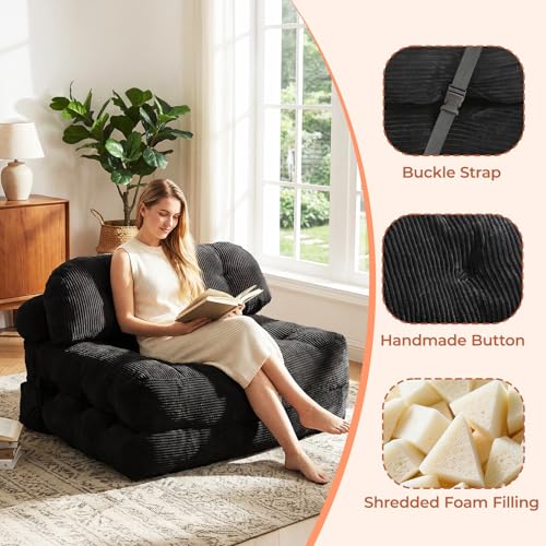 Image of Folding Sofa Bed, Convertible Sleeper Chair with Back Support and Pillow | Boneless Matress, for Living Room /Guest Use /Home Office, Foldable Chair Bed for Adults, Black, Full
