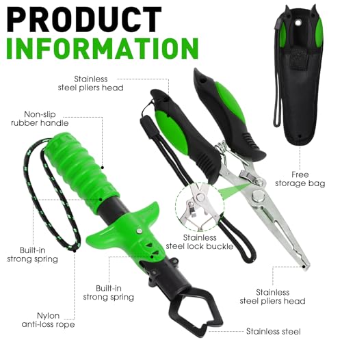 Image of RoundFunny 10 Pcs Fishing Tool Kit, Fishing Pliers with Lanyard and Protective Sheaths, Landing Net, Fillet Knife, Fish Scale, Gripper, Hook Remover, Braid Scissors, Gloves for Men Dad Gift
