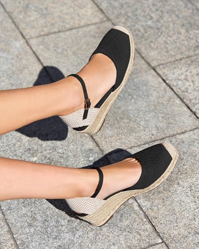 Coutgo Womens Platform Wedge Sandals Espadrilles Raffia Closed Toe Heels Ankle Buckle Strap Summer Beach Shoes2