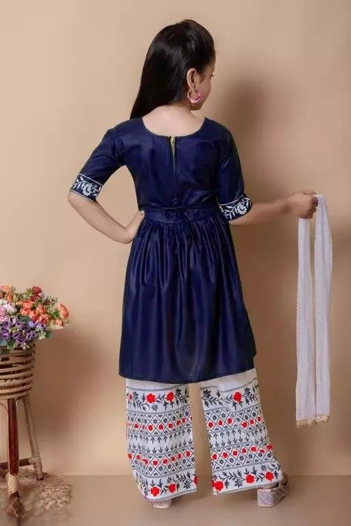 Image of Girls Traditional Embroidered Kurta Palazzo Set, Green and White, Floral Design, Half Sleeves